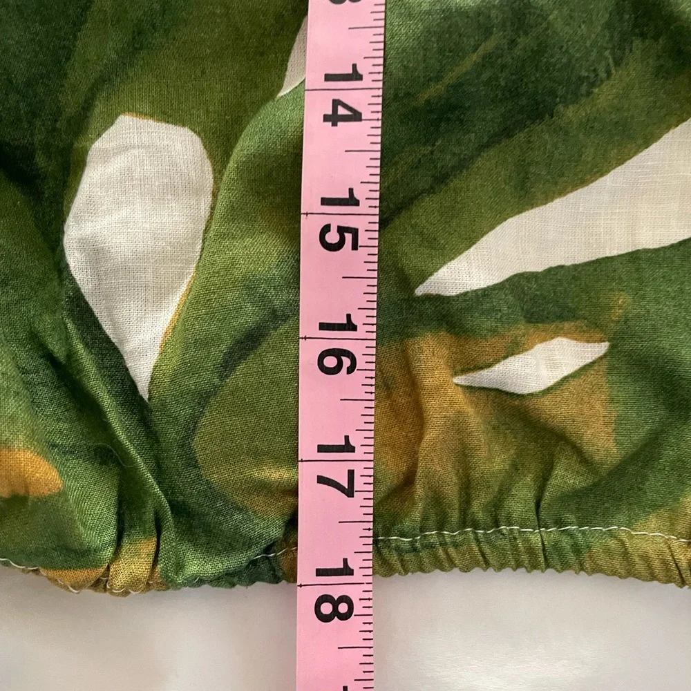 Rachel Zoe Linen Cropped Short Puff Sleeve Wide Neck Shirt Top Green Floral NWT